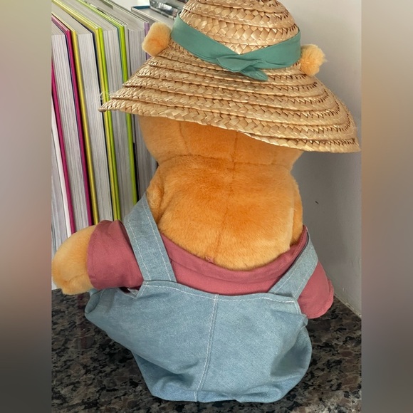 Vintage Disney Winnie the Pooh Denim Overall Straw Hat 14in Plush Garden Pooh - Picture 3 of 5